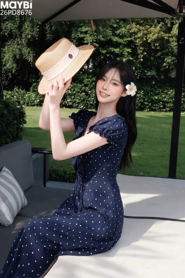 Đầm cổ V tay bo dáng xòe dài