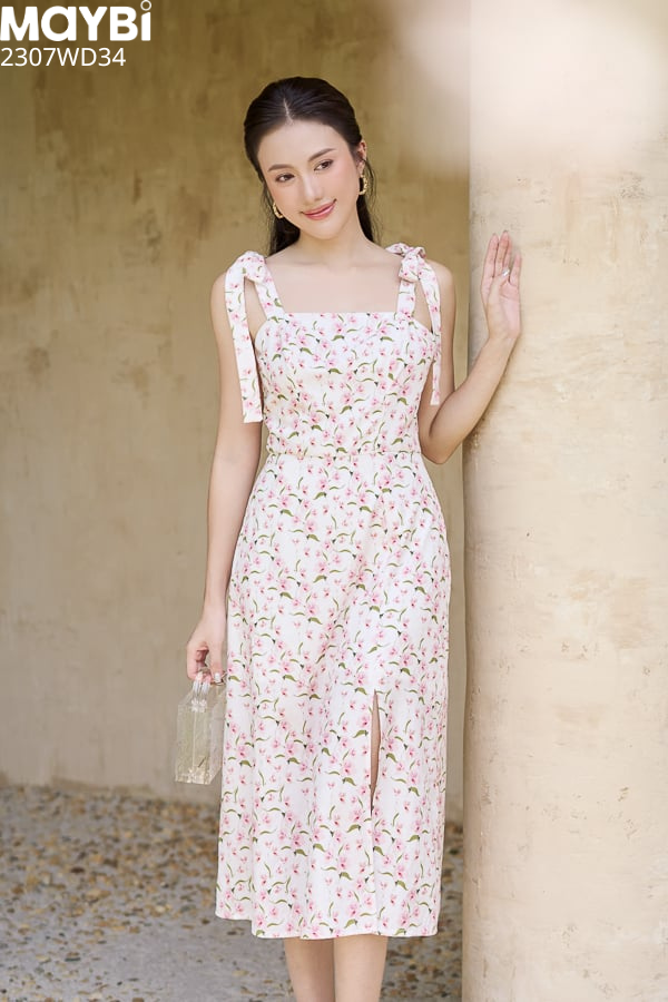 Đầm midi suông lụa cotton in hoa xẻ tà