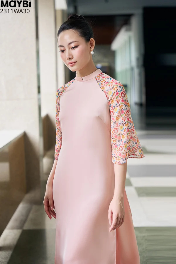 Áo dài suông lụa sóng phối tay voan họa tiết
