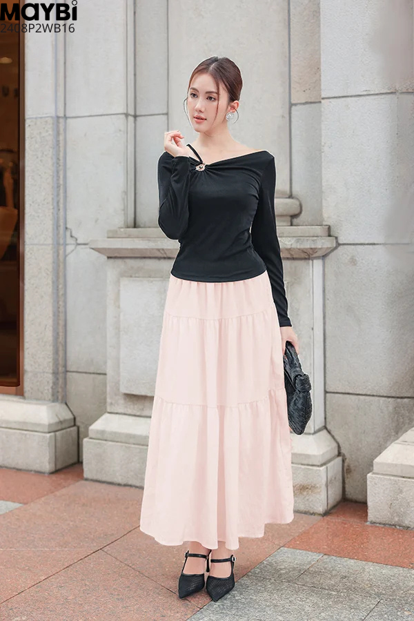 Chân váy xòe nhún tầng midi cotton