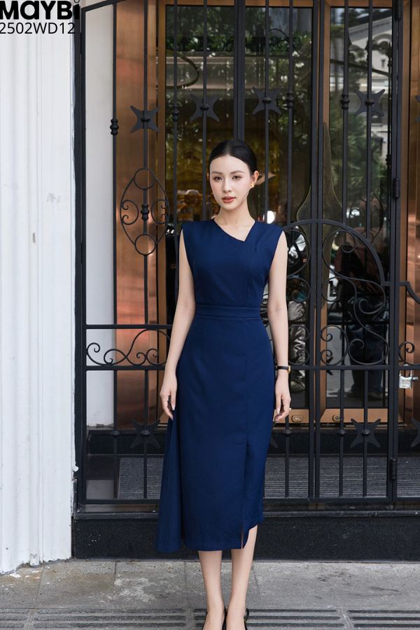 Đầm midi ôm cotton lạnh cổ xéo không tay