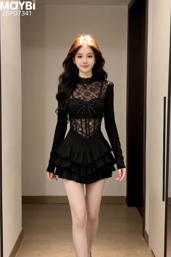 Đầm xòe dài tay phối ren dáng mini