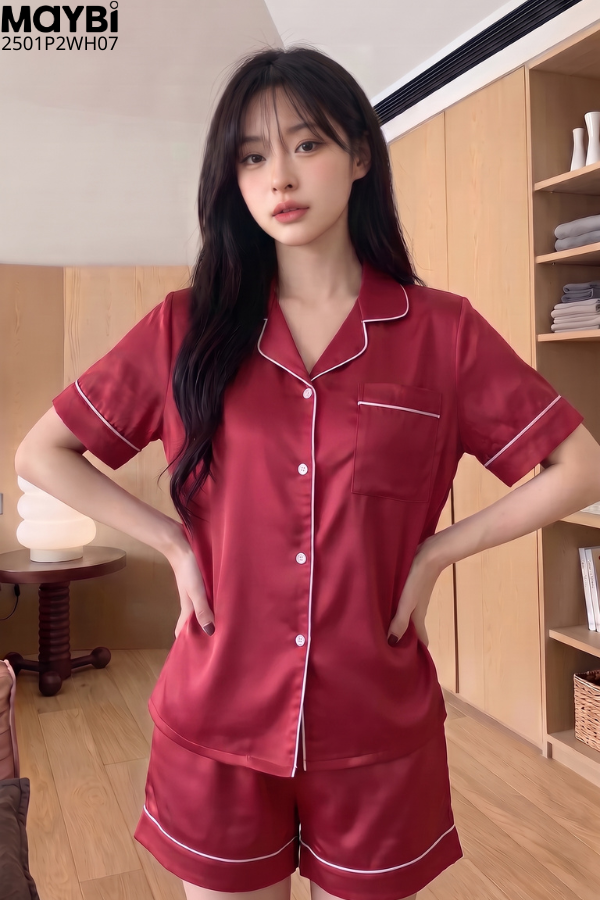 Bộ pyjama ngắn suông lụa tay ngắn viền
