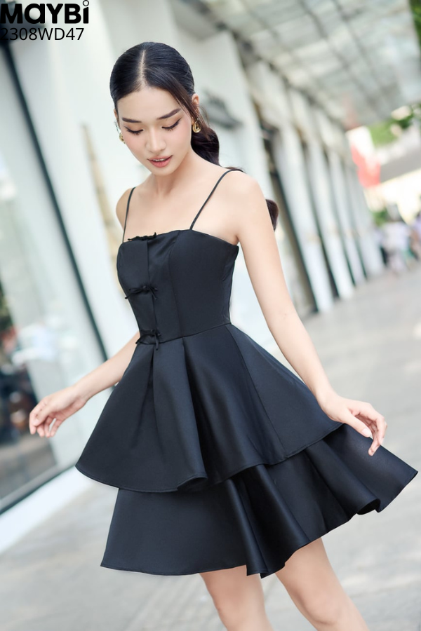 Đầm mini xòe phi tapta phối nơ trang trí