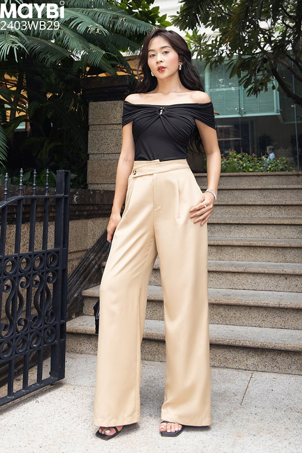 Quần ống rộng cotton lạnh lưng đắp xéo