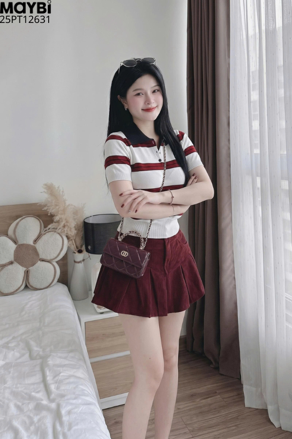 Set áo polo dệt kim chân váy kaki