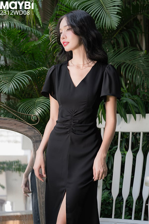 Đầm midi ôm voan cát phối nhún trang trí