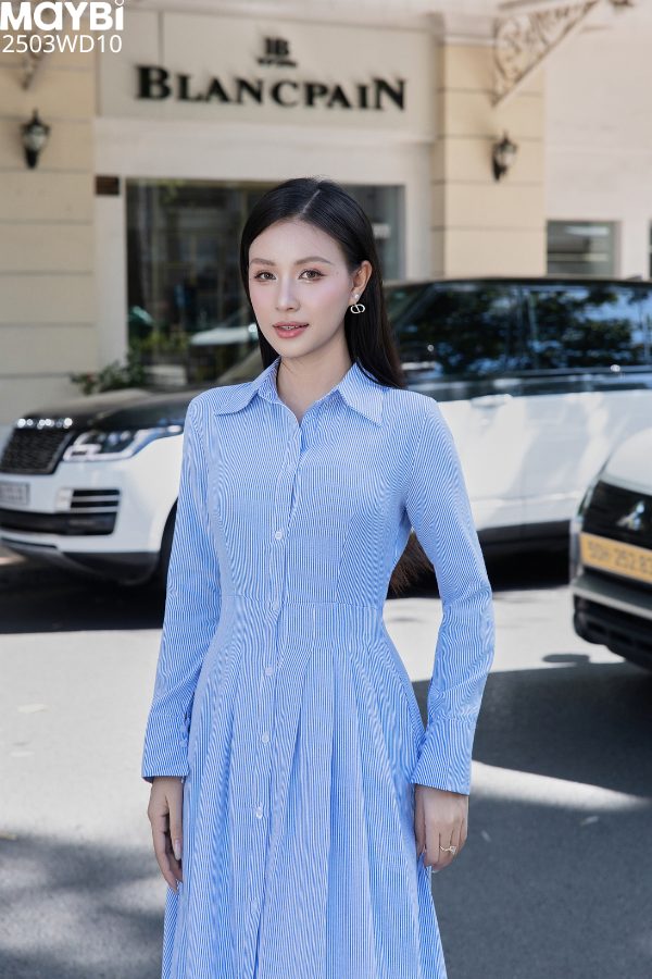 Đầm sơ mi ford sọc dài tay dáng midi
