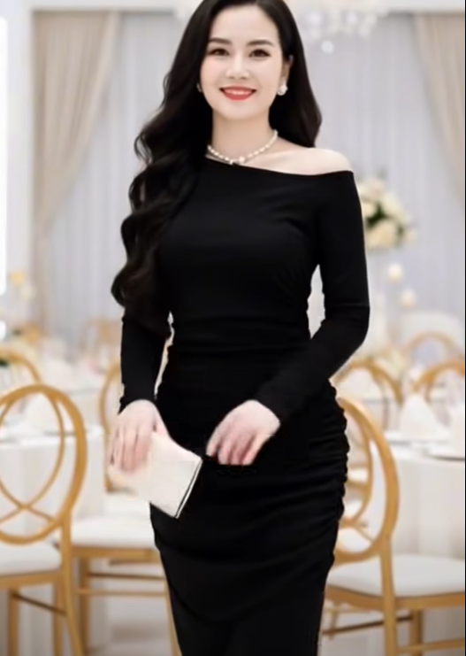 (CÓ SẴN HN) Đầm ôm lệch vai dài tay dáng midi