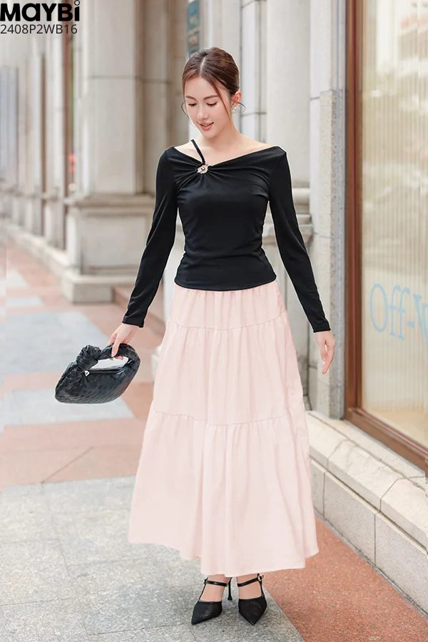 Chân váy xòe nhún tầng midi cotton