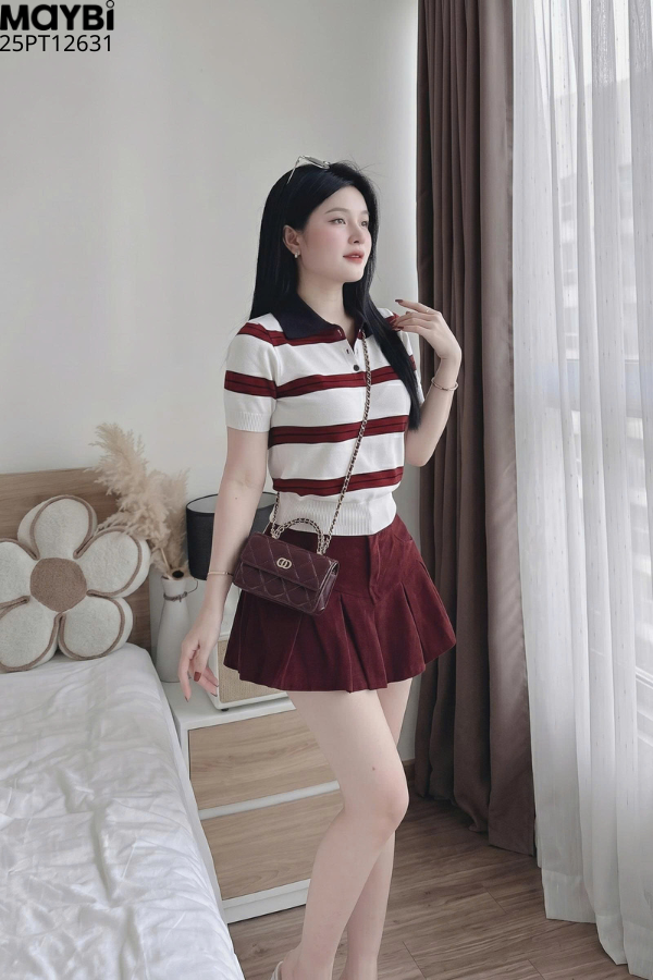 Set áo polo dệt kim chân váy kaki
