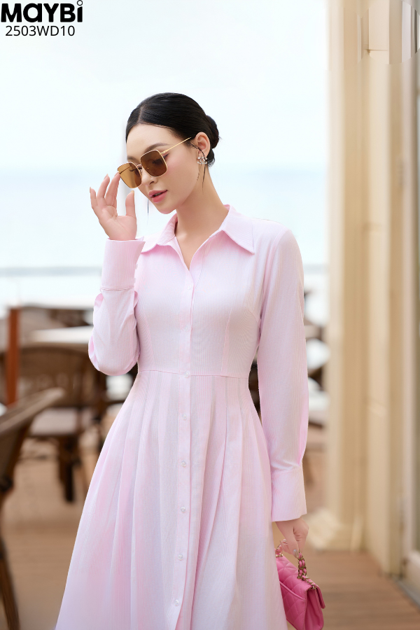 Đầm sơ mi ford sọc dài tay dáng midi
