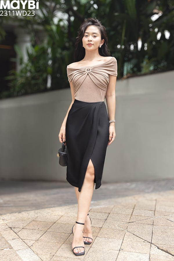 Chân váy xếp ly midi cotton lạnh chéo tà