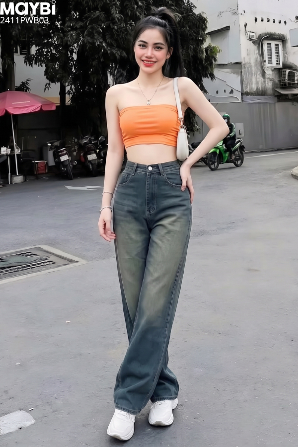 Quần jean ống suông wash màu xanh đậm