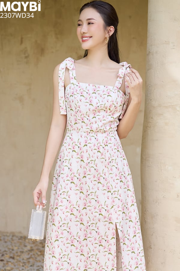 Đầm midi suông lụa cotton in hoa xẻ tà