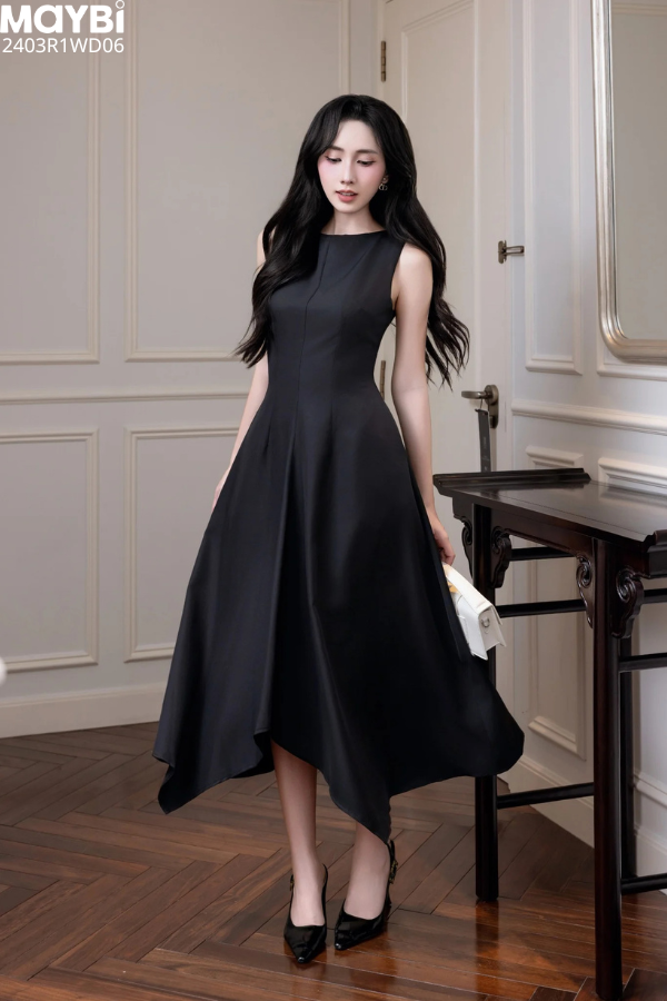 Đầm midi dáng xòe cotton lạnh xếp ly vai