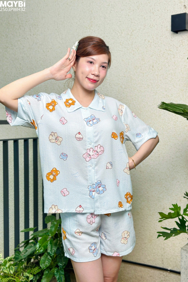 Bộ pyjama ngắn suông ngắn tay in hình gấu