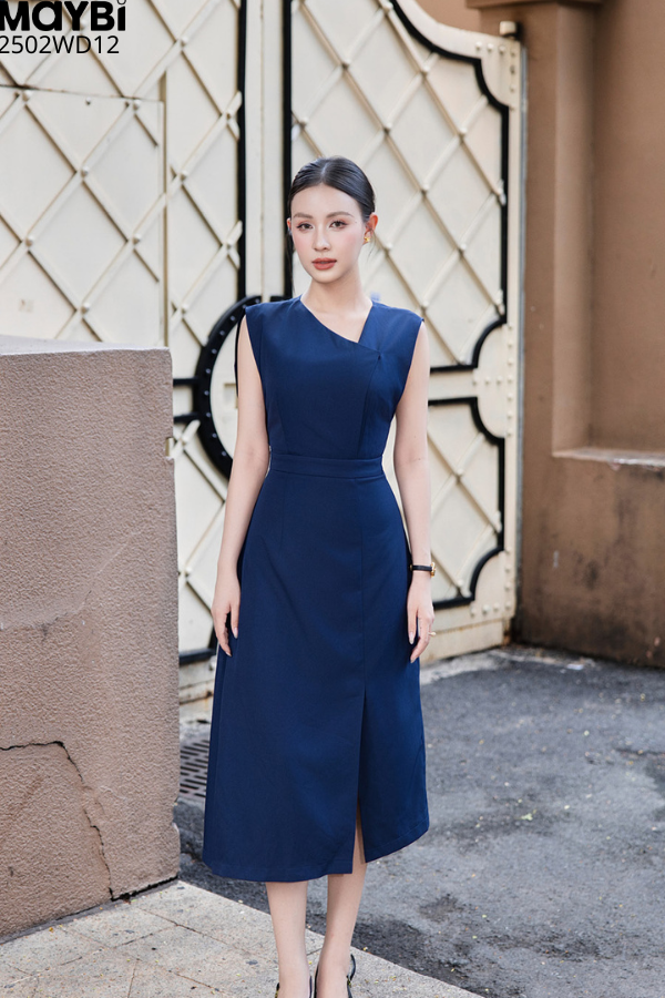 Đầm midi ôm cotton lạnh cổ xéo không tay