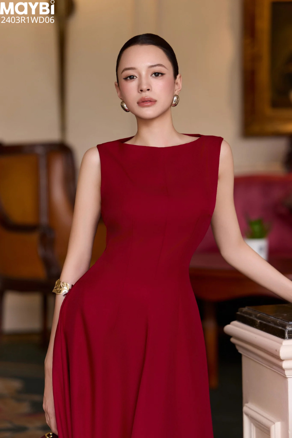 Đầm midi dáng xòe cotton lạnh xếp ly vai
