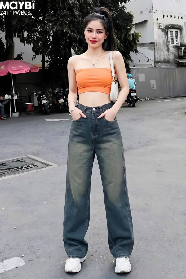 Quần jean ống suông wash màu xanh đậm