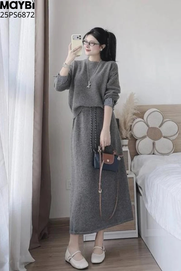 set áo chân váy dài tay phối kiểu