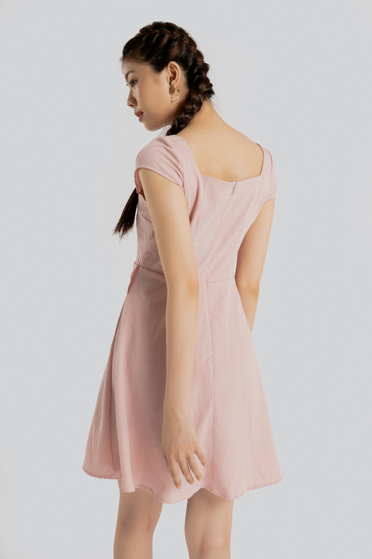 Đầm xòe linen thun hồng phối tà kiểu