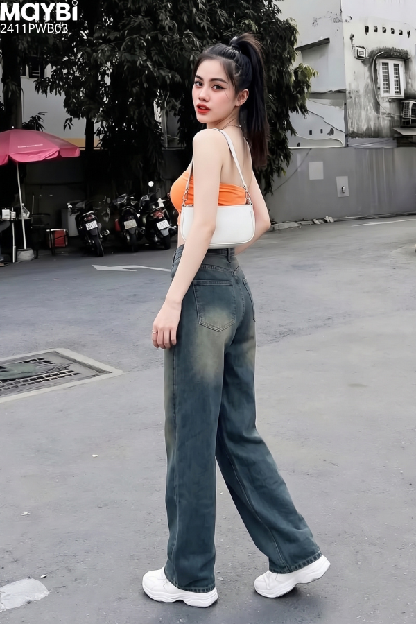 Quần jean ống suông wash màu xanh đậm