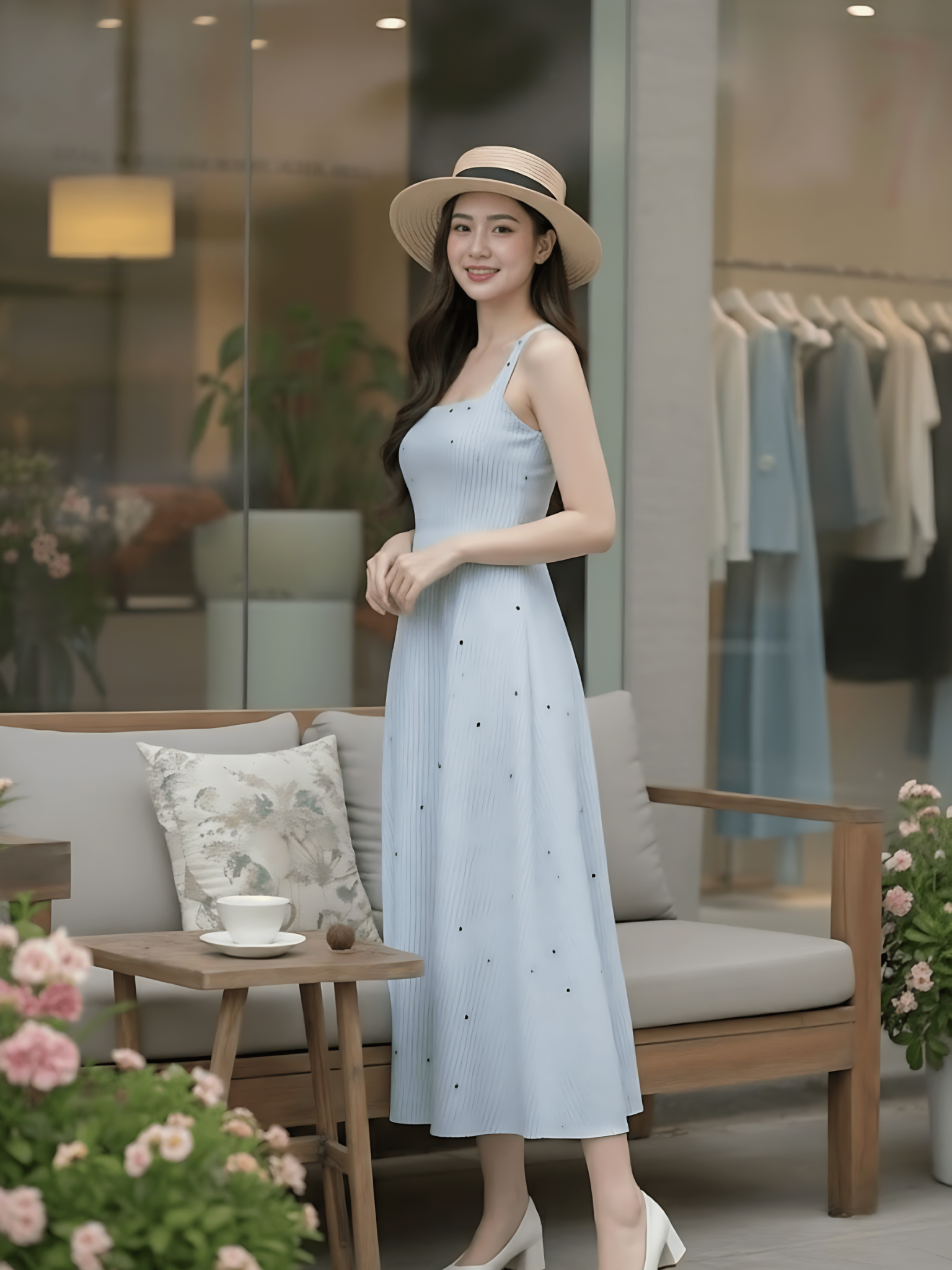 Đầm xòe sọc xanh in nơ hai dây dáng midi