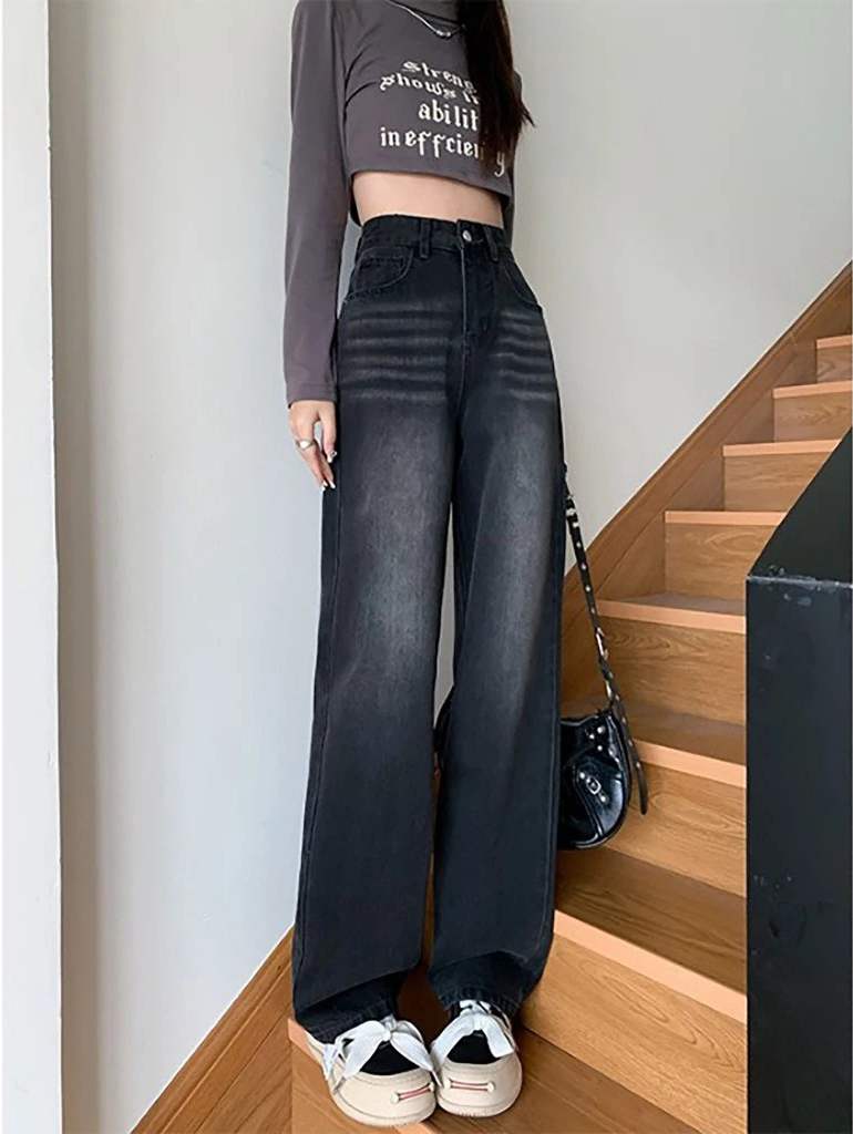 Quần jean ống suông wash đen khói bạc