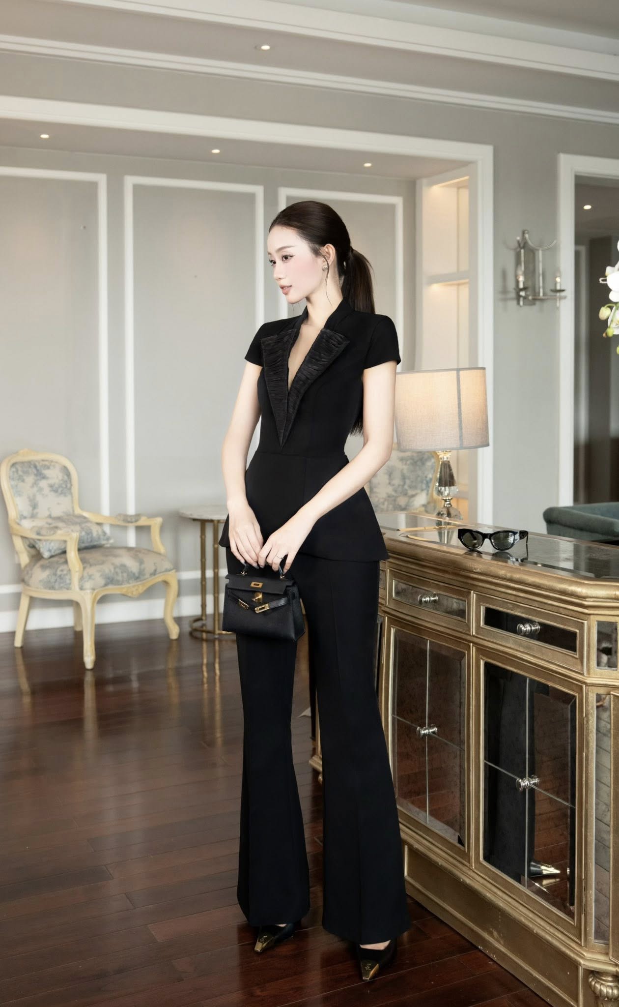 Set áo peplum cổ vest quần culottes ống loe