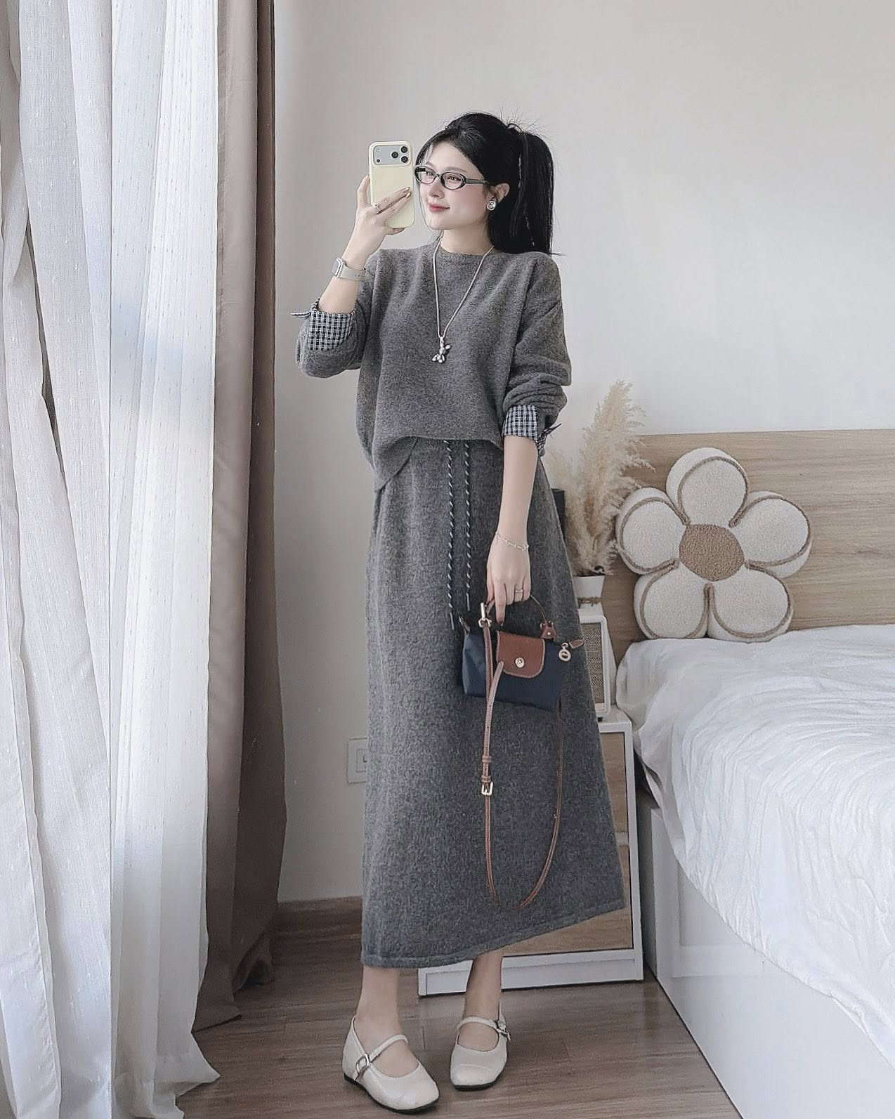 (CÓ SẴN HN) Set áo chân váy dài tay phối kiểu