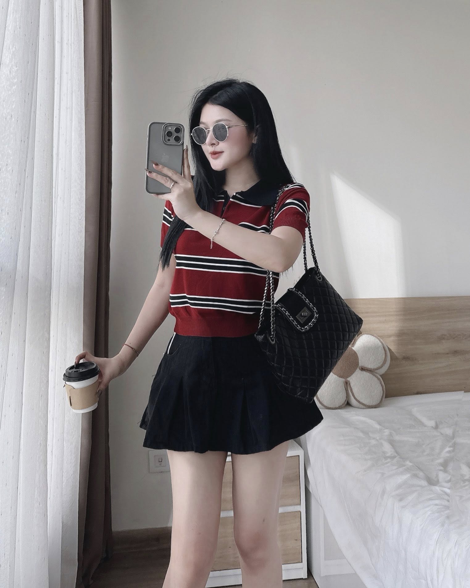 Set áo polo dệt kim chân váy kaki