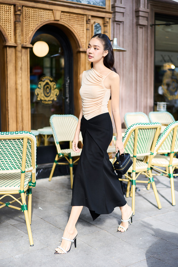 Chân váy midi ôm tuyết mưa phối xếp ly kiểu