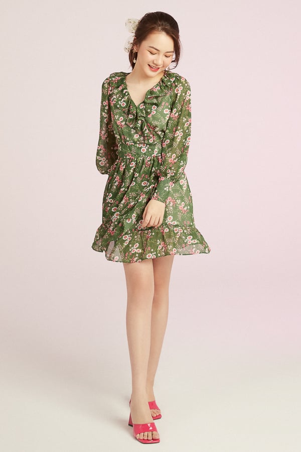 Đầm xòe voan đắp tà in họa tiết