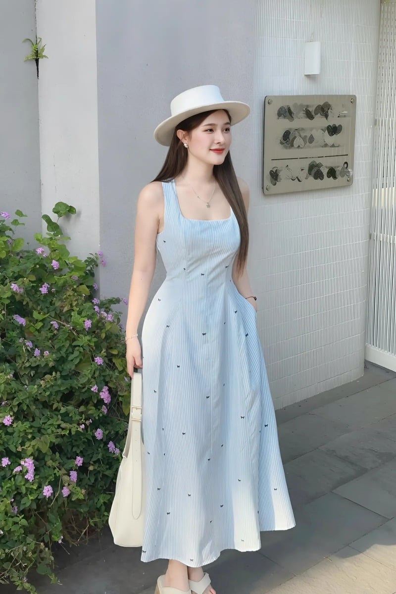 Đầm xòe sọc xanh in nơ hai dây dáng midi