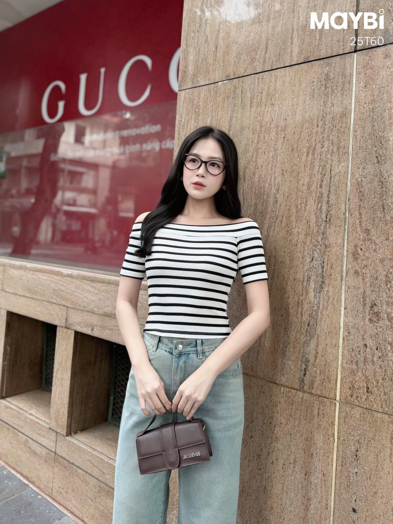 Áo kiểu ôm thun sọc trắng đen ngắn tay bẹt vai