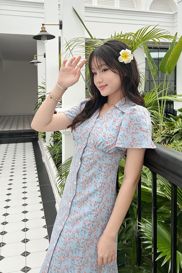 Đầm gài nút form A lụa nhún cup tay xòe