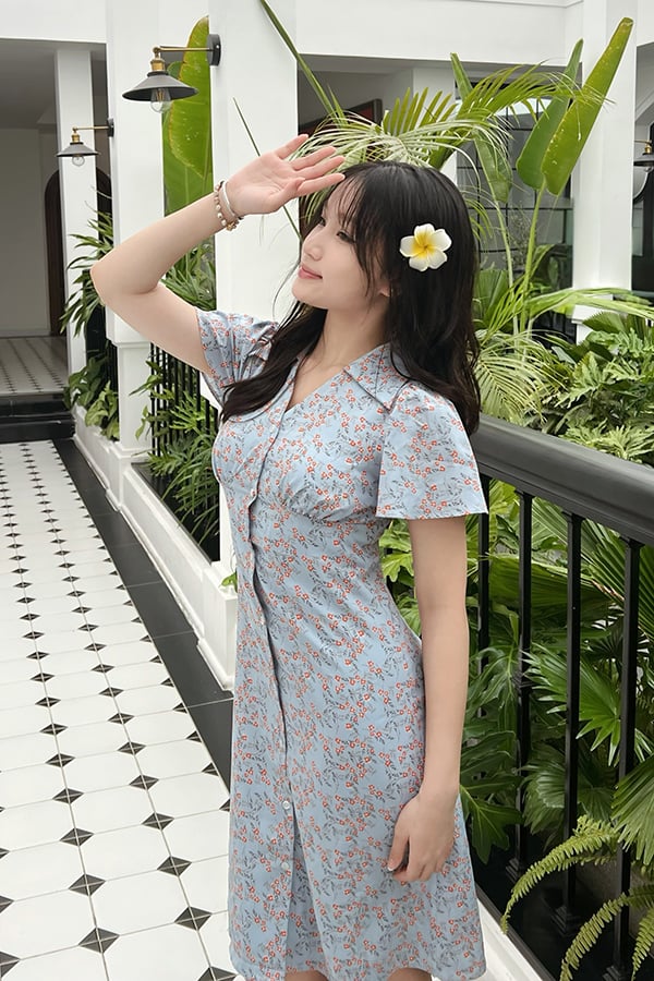 Đầm gài nút form A lụa nhún cup tay xòe