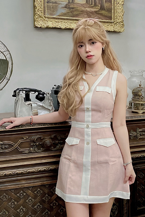 Đầm mini ôm bố phối viền trắng