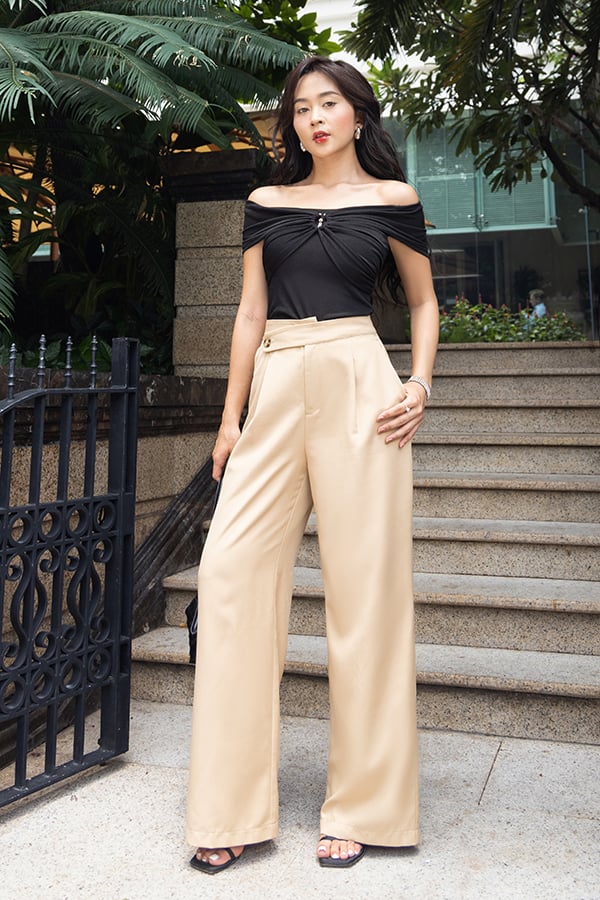 Quần ống rộng cotton lạnh lưng đắp xéo