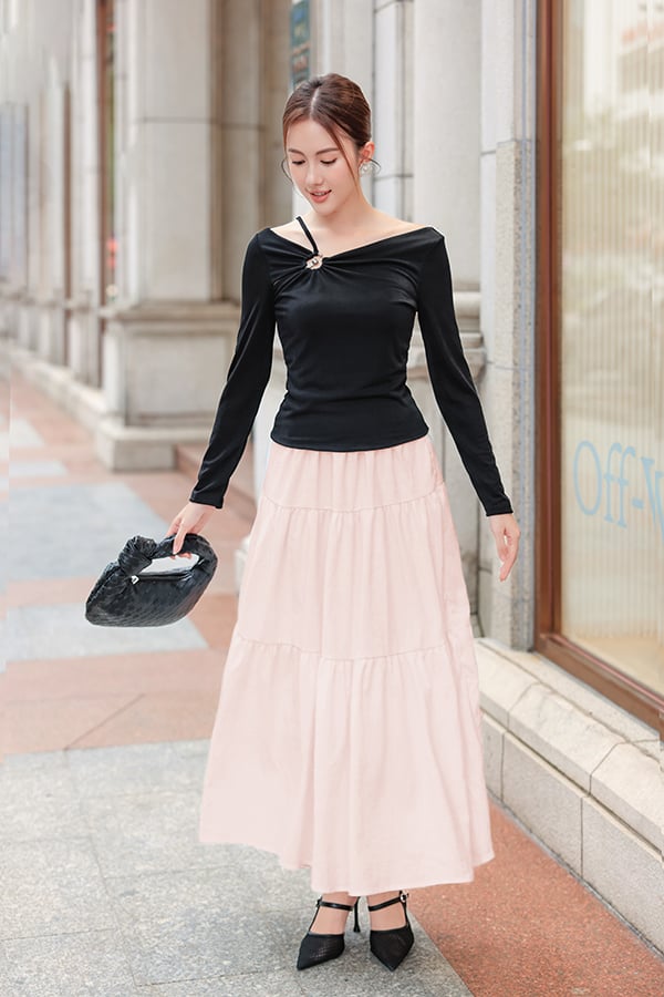 Chân váy xòe nhún tầng midi cotton