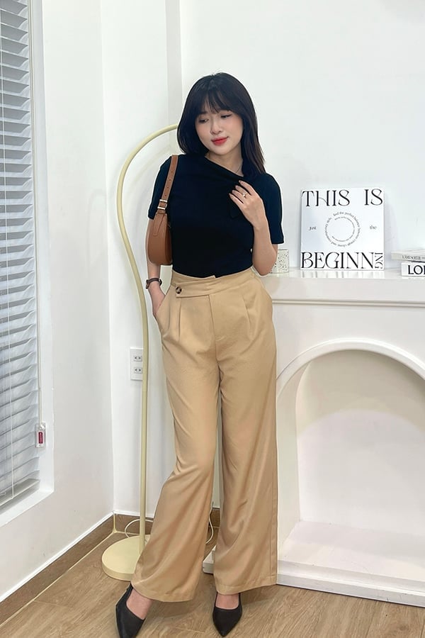 Quần ống rộng cotton lạnh lưng đắp xéo