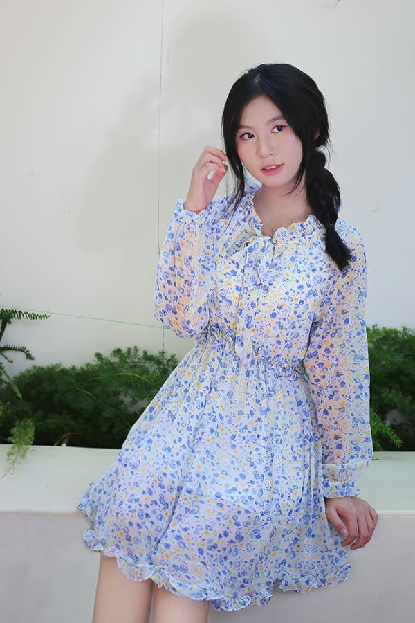 Đầm babydoll voan in hoa bèo nơ cổ