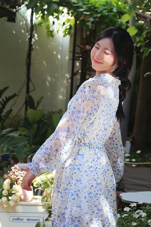 Đầm babydoll voan in hoa bèo nơ cổ