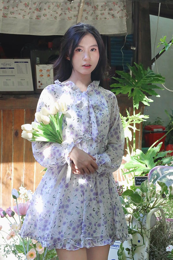 Đầm babydoll voan in hoa bèo nơ cổ