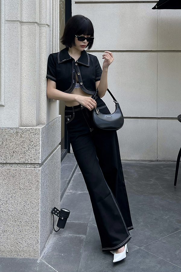 Áo croptop suông jean lai cong