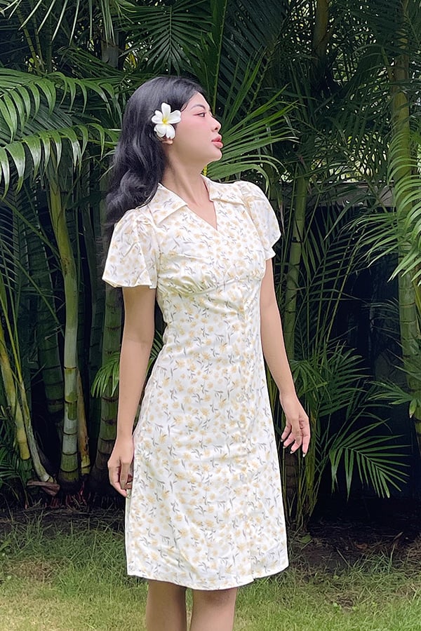 Đầm gài nút form A lụa nhún cup tay xòe