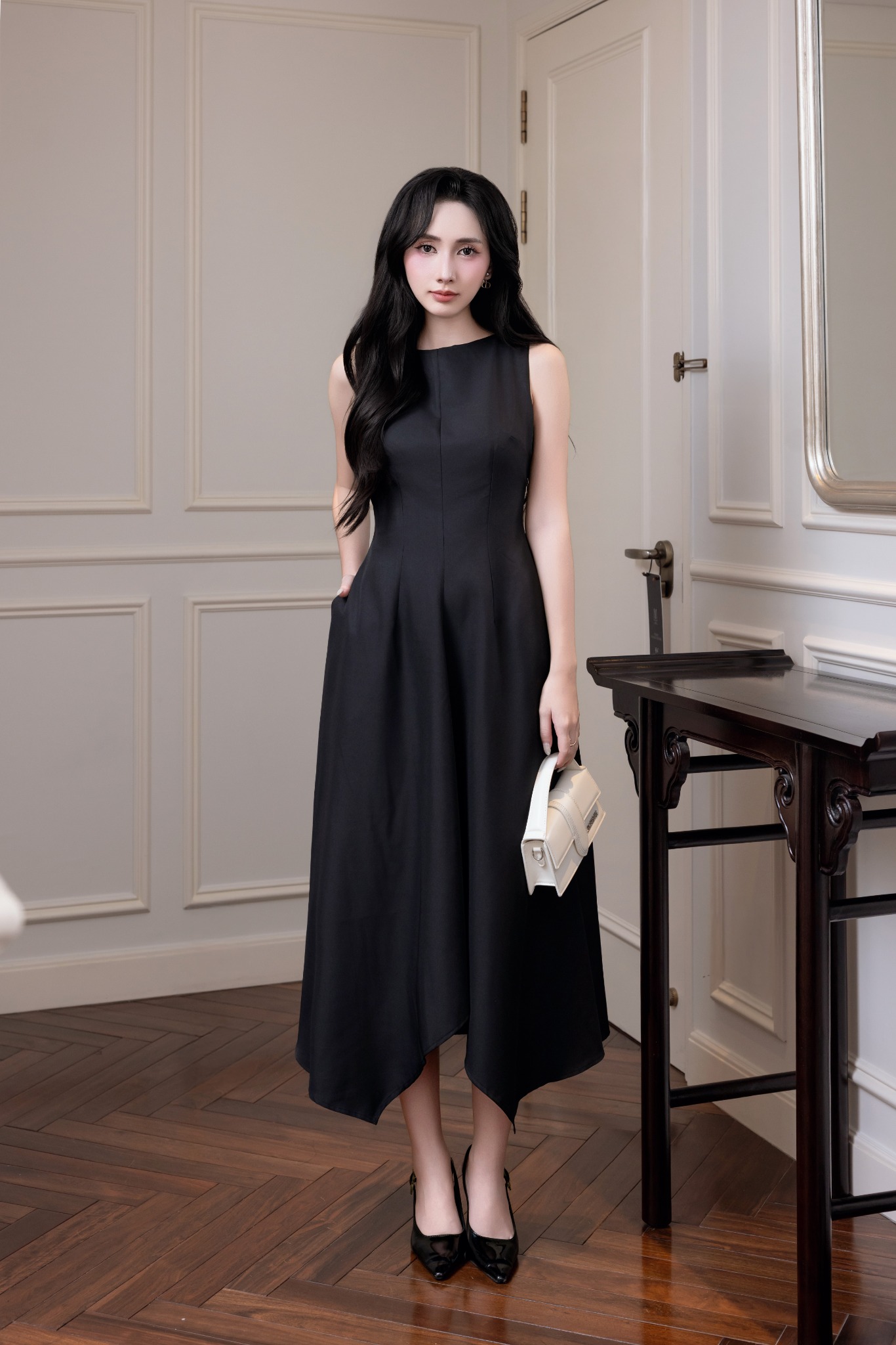 Đầm midi dáng xòe cotton lạnh xếp ly vai