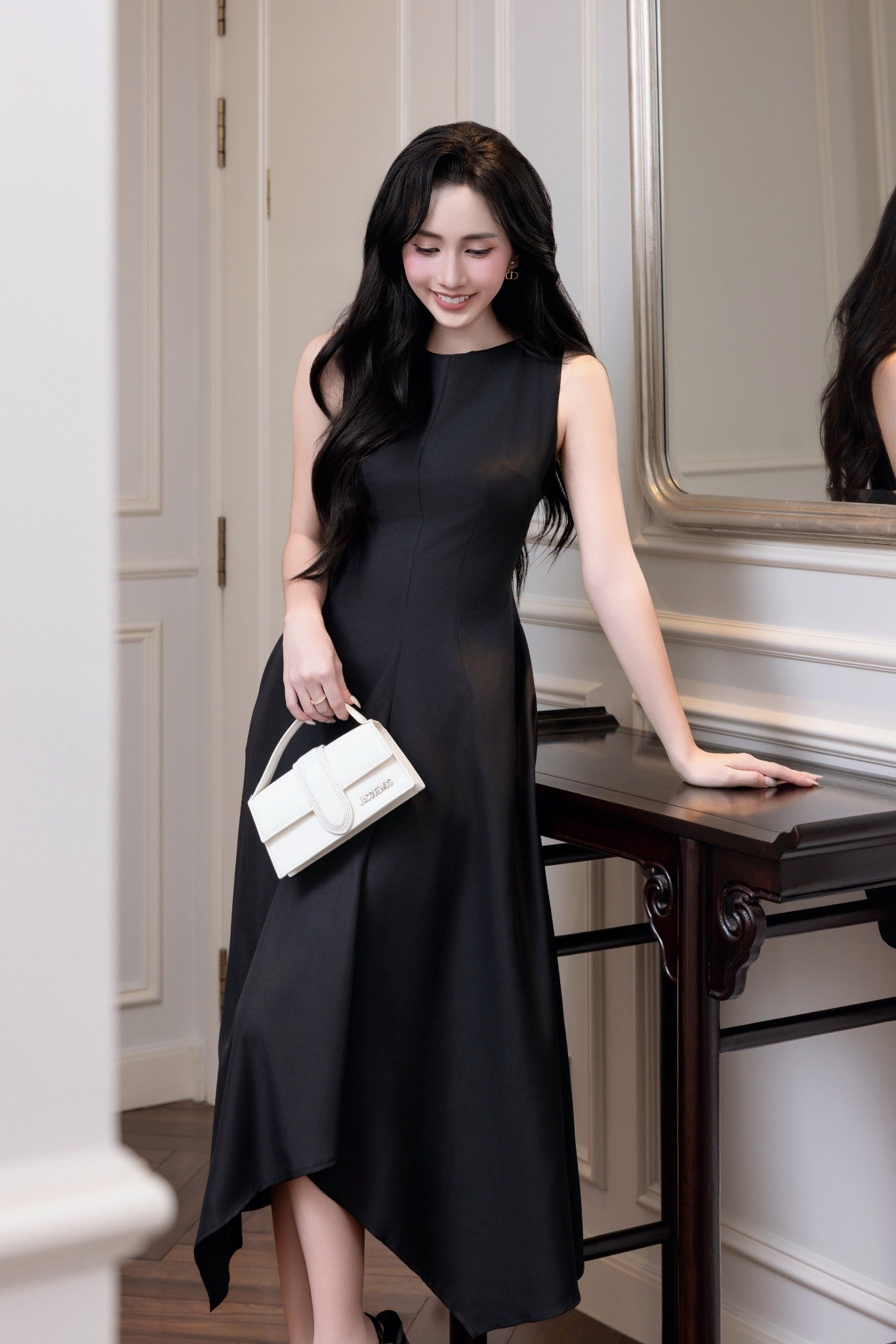 Đầm midi dáng xòe cotton lạnh xếp ly vai