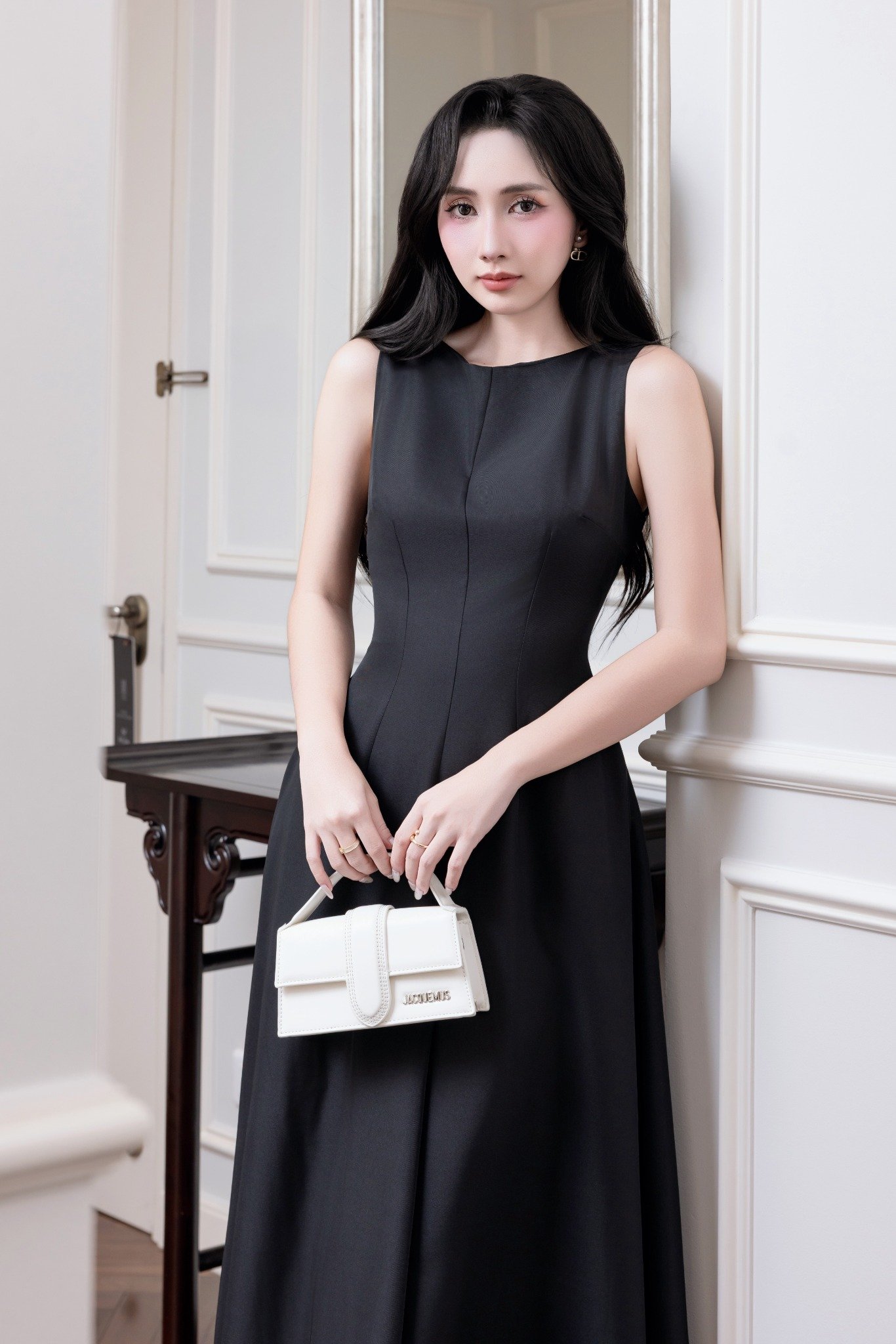 Đầm midi dáng xòe cotton lạnh xếp ly vai